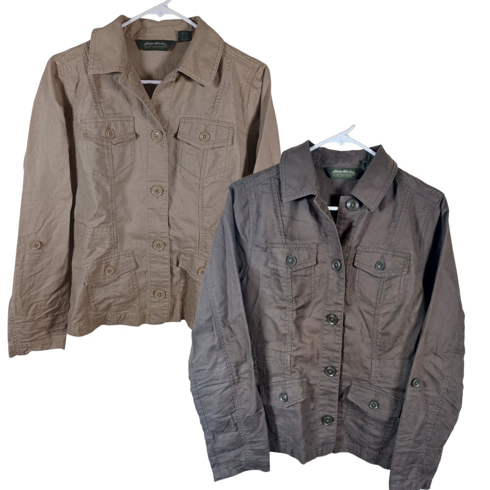 Eddie Bauer Womens Linen 4 Pocket Military Field Cargo Roll Tab Long Sleeve‎ Top